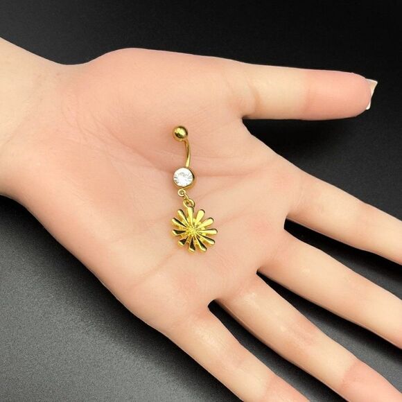 316L Stainless Steel with White Diamond Cubic Zirconia Daisy Flower Belly Ring - Picture 7 of 7